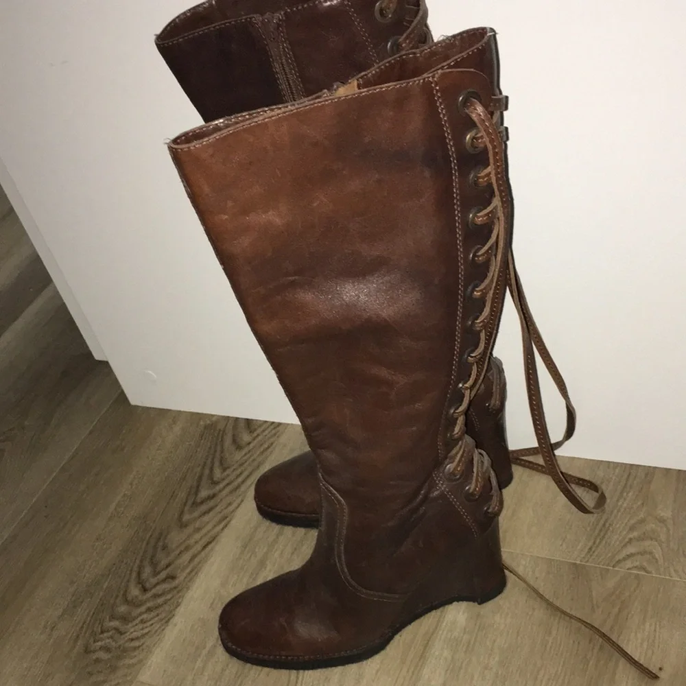 APEPAZZA REAL LEATHER LACED TIE UP WEDGE HEEL NON SKID SOLE Knee-High Boots - Picture 5 of 11